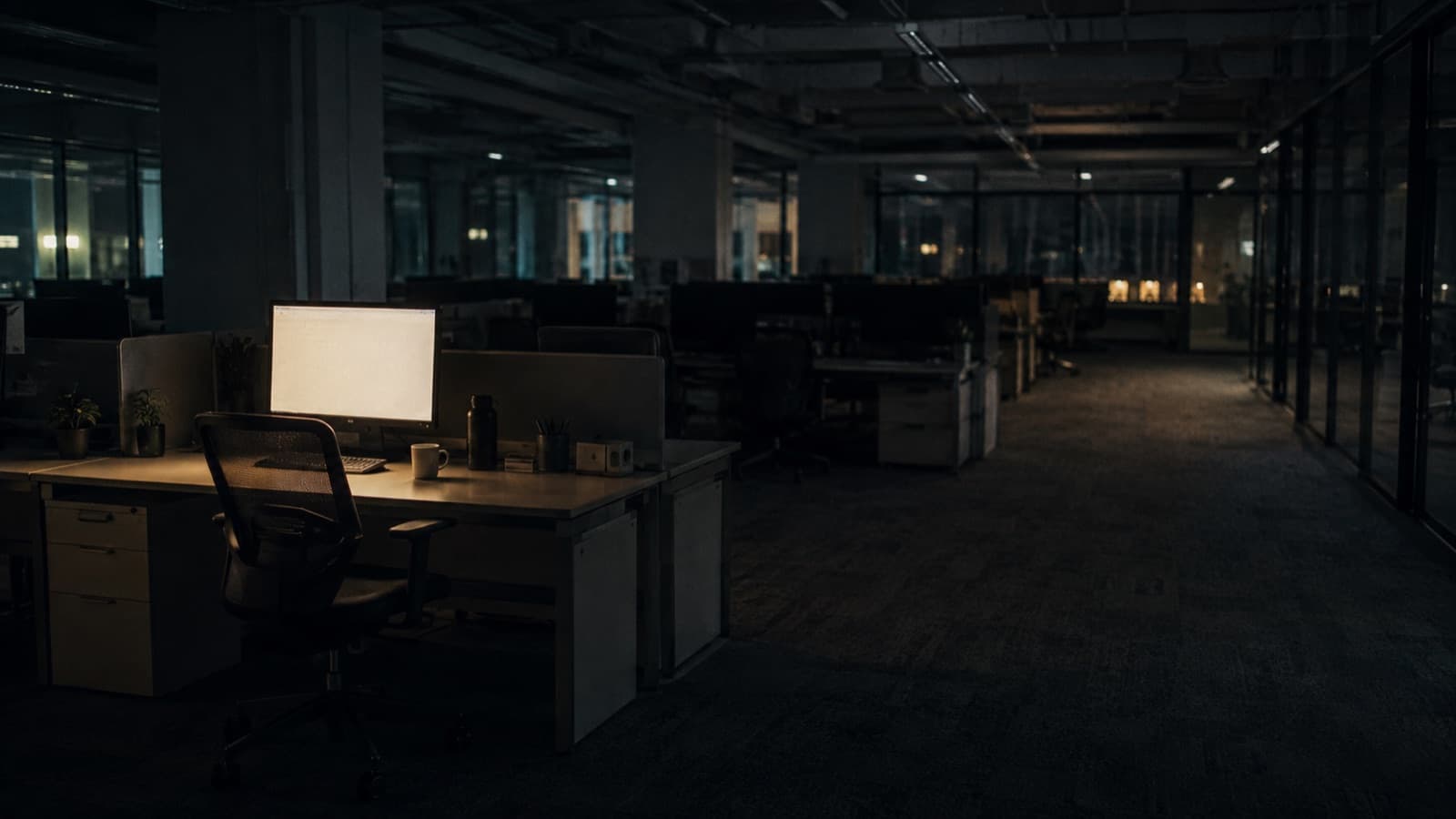 A darkened open-plan office after hours, one monitor still lit on an otherwise cleared desk.